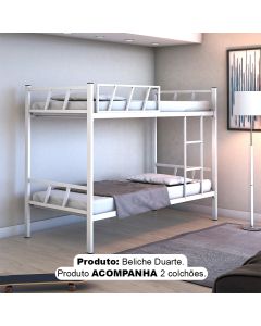 Beliche Duarte Solteiro 100% Ferro Reforçado Industrial com Escada Grade e 2 Colchões - Branco