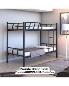Beliche Duarte Solteiro 100% Ferro Reforçado Industrial com Escada Grade e 2 Colchões - Preto