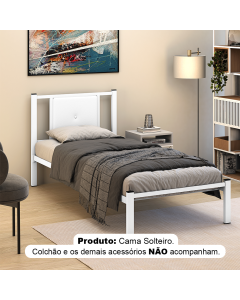 Cama Solteiro Bruna em Aço Reforçado Estilo Militar Branco com Cabeceira Estofada Branco