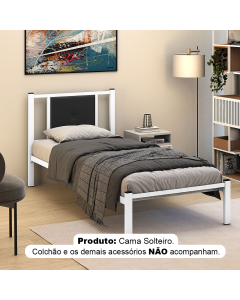 Cama Solteiro Bruna em Aço Industrial Branco Estilo Militar com Cabeceira Estofada Preto