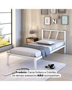 Cama Solteiro Ferro Bruna 100% Aço Industrial Reforçada com Colchão Resistente para Quartos - Branco