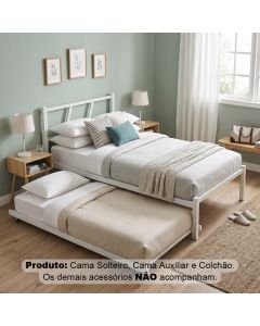 Cama Solteiro Ferro Bruna 100% Aço Industrial Reforçada com Cama Auxiliar e Colchão - Branco