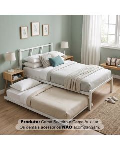 Cama Solteiro de Ferro Bruna 100% Aço Industrial Reforçada com Cama Auxiliar para Quarto - Branco