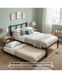 Cama Solteiro de Ferro Bruna 100% Aço Industrial Reforçada com Cama Auxiliar para Quarto - Preto
