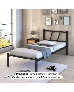 Cama Solteiro Ferro Bruna 100% Aço Industrial Reforçada com Colchão Resistente para Quartos - Preto