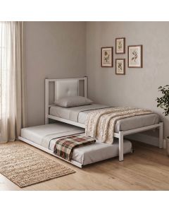 Cama Solteiro Bruna Estilo Militar 100% Aço Branco com Cama Auxiliar e Cabeceira Estofada Branco