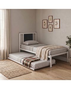Cama Solteiro Bruna em Aço Industrial Branco com Auxiliar e Cabeceira Estofada Preto