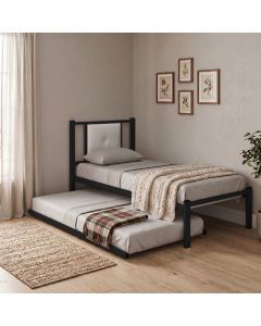 Cama Solteiro Bruna Estilo Militar 100% Aço Preto com Cama Auxiliar e Cabeceira Estofada Branco