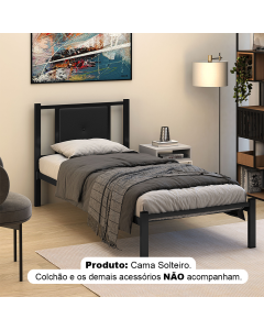 Cama Solteiro Bruna Estrutura em Aço Preto Estilo Industrial com Cabeceira Estofada Preto